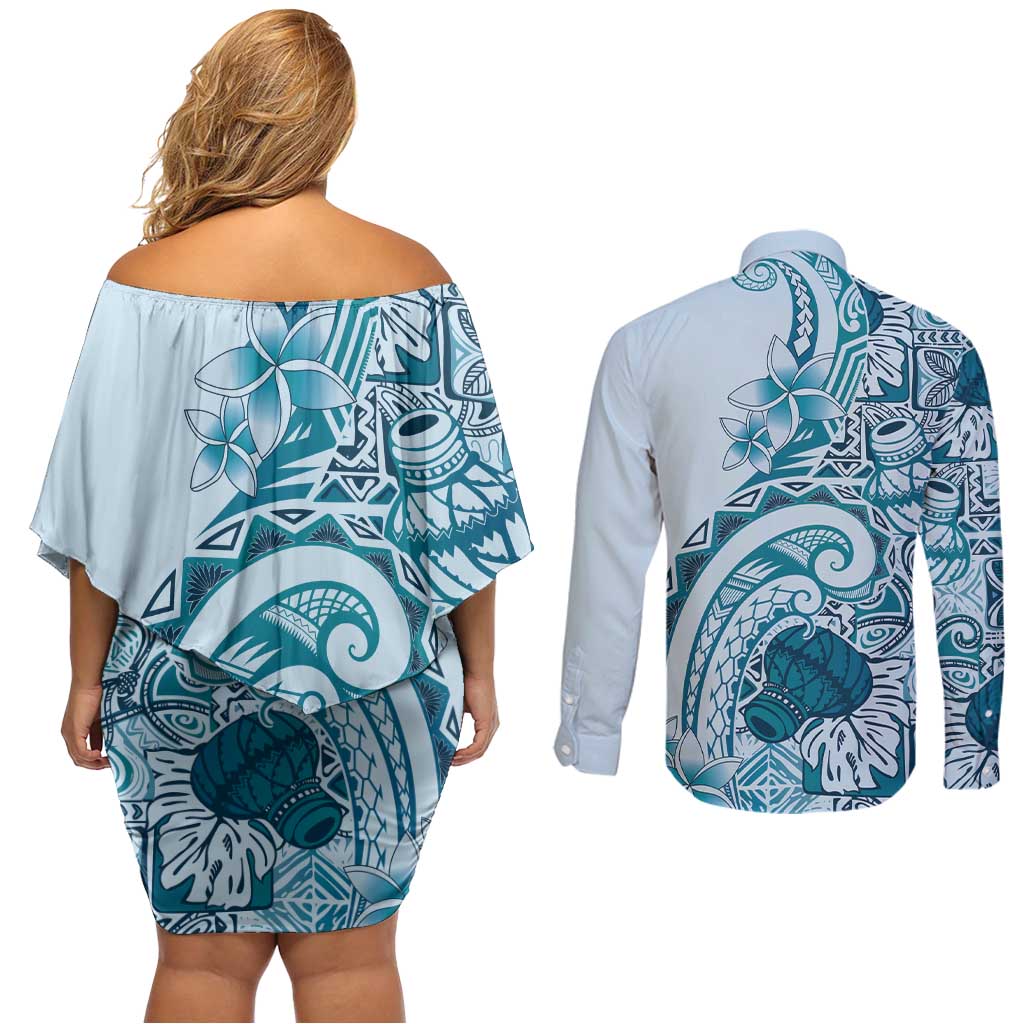 Aloha Hawaii Tapa Couples Matching Off Shoulder Short Dress and Long Sleeve Button Shirt Cool Turquoise Hawaiian Ipu - Polynesian Pride