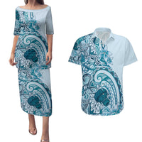 Aloha Hawaii Tapa Couples Matching Puletasi and Hawaiian Shirt Cool Turquoise Hawaiian Ipu - Polynesian Pride