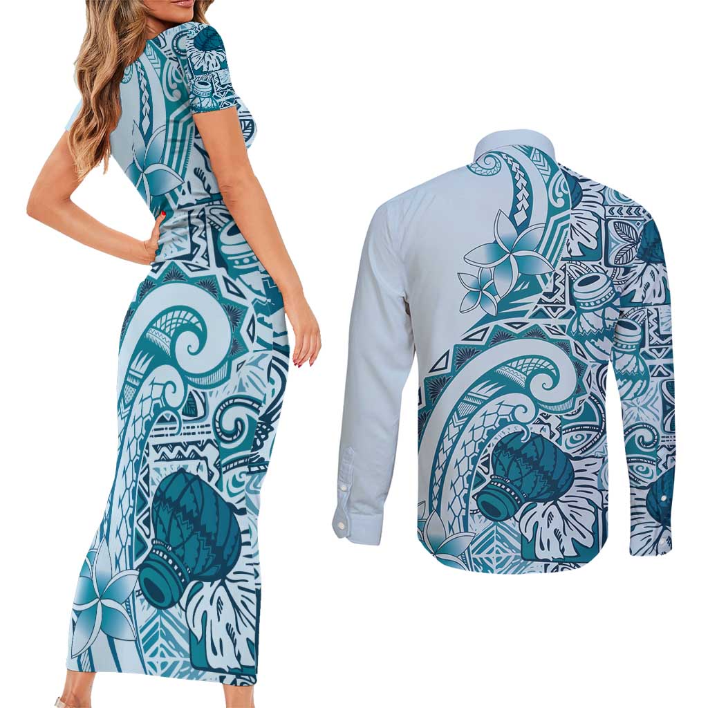Aloha Hawaii Tapa Couples Matching Short Sleeve Bodycon Dress and Long Sleeve Button Shirt Cool Turquoise Hawaiian Ipu - Polynesian Pride