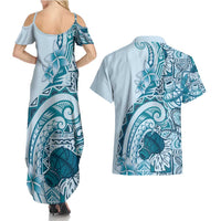Aloha Hawaii Tapa Couples Matching Summer Maxi Dress and Hawaiian Shirt Cool Turquoise Hawaiian Ipu - Polynesian Pride