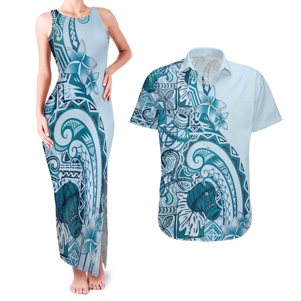 Aloha Hawaii Tapa Couples Matching Tank Maxi Dress and Hawaiian Shirt Cool Turquoise Hawaiian Ipu - Polynesian Pride