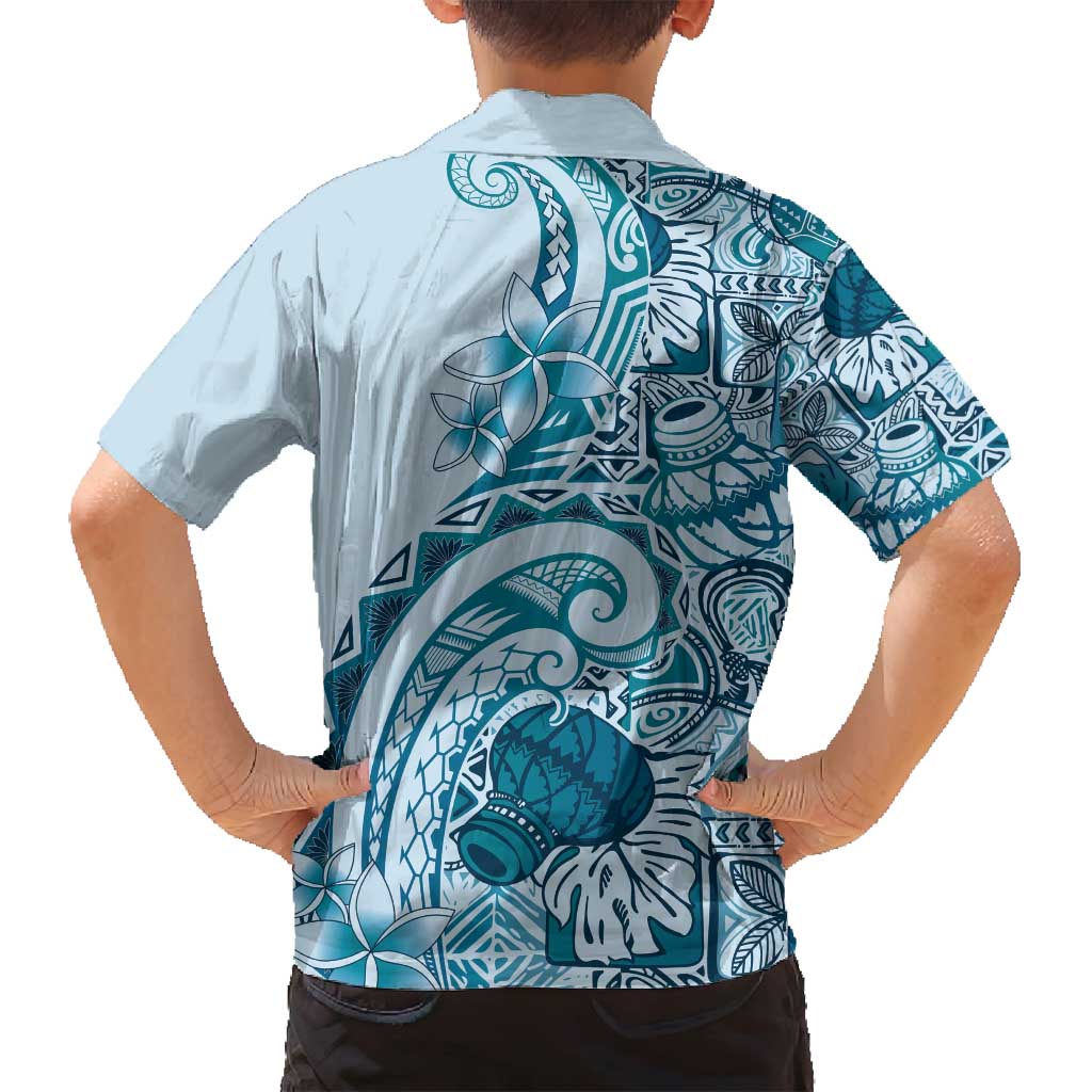 Aloha Hawaii Tapa Family Matching Long Sleeve Bodycon Dress and Hawaiian Shirt Cool Turquoise Hawaiian Ipu - Polynesian Pride