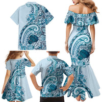 Aloha Hawaii Tapa Family Matching Mermaid Dress and Hawaiian Shirt Cool Turquoise Hawaiian Ipu - Polynesian Pride