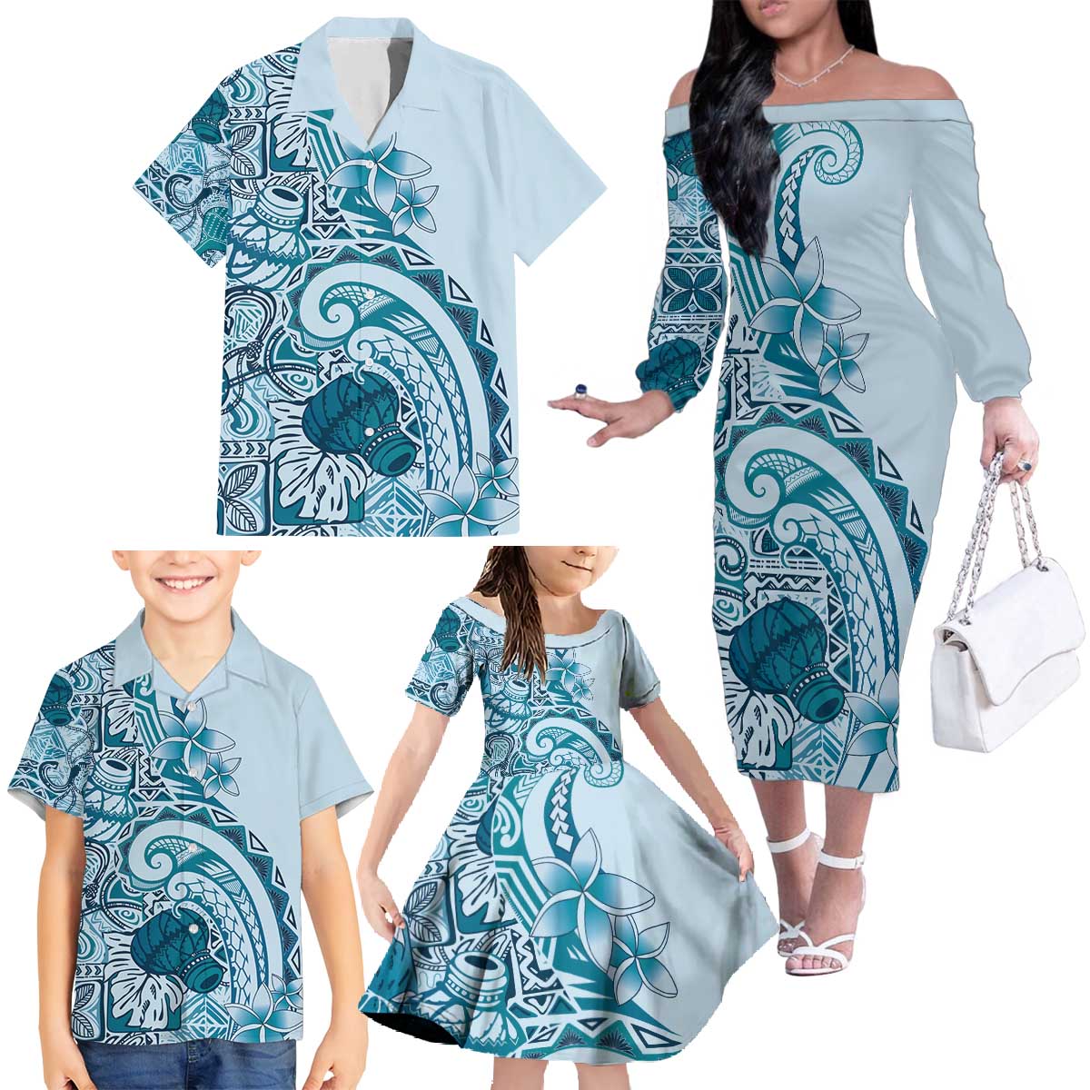 Aloha Hawaii Tapa Family Matching Off The Shoulder Long Sleeve Dress and Hawaiian Shirt Cool Turquoise Hawaiian Ipu - Polynesian Pride