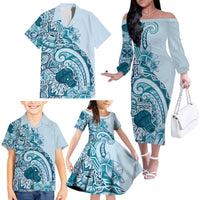 Aloha Hawaii Tapa Family Matching Off The Shoulder Long Sleeve Dress and Hawaiian Shirt Cool Turquoise Hawaiian Ipu - Polynesian Pride