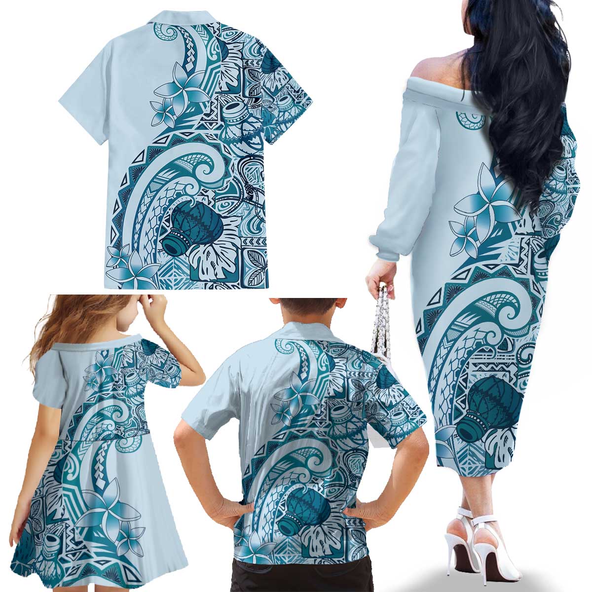 Aloha Hawaii Tapa Family Matching Off The Shoulder Long Sleeve Dress and Hawaiian Shirt Cool Turquoise Hawaiian Ipu - Polynesian Pride