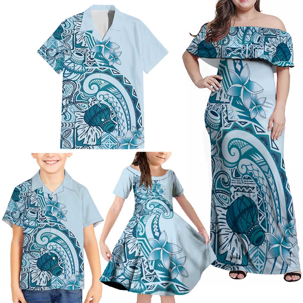 Aloha Hawaii Tapa Family Matching Off Shoulder Maxi Dress and Hawaiian Shirt Cool Turquoise Hawaiian Ipu - Polynesian Pride