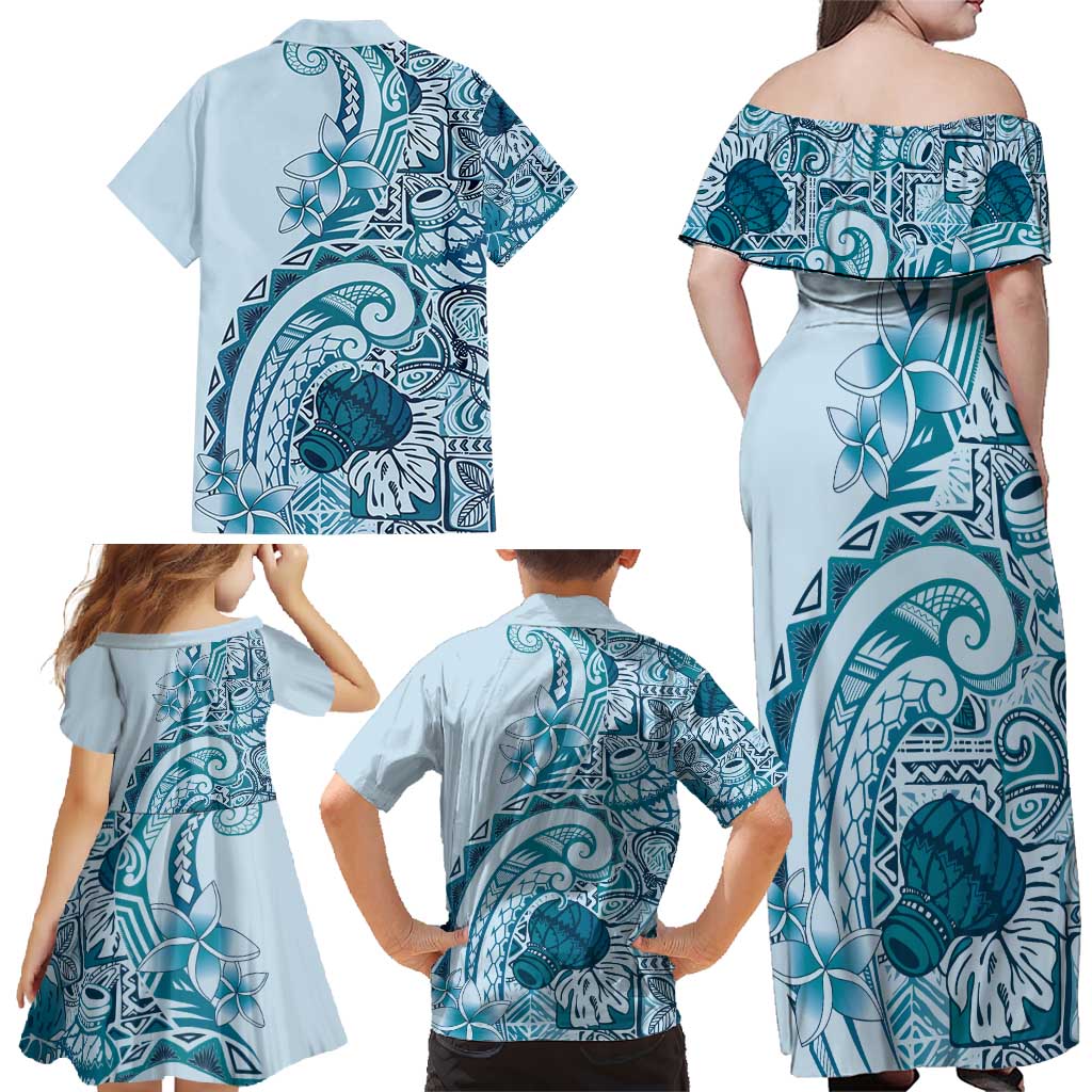 Aloha Hawaii Tapa Family Matching Off Shoulder Maxi Dress and Hawaiian Shirt Cool Turquoise Hawaiian Ipu - Polynesian Pride