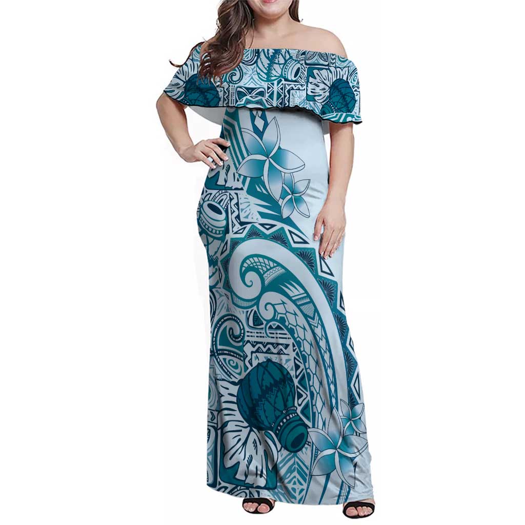 Aloha Hawaii Tapa Family Matching Off Shoulder Maxi Dress and Hawaiian Shirt Cool Turquoise Hawaiian Ipu - Polynesian Pride