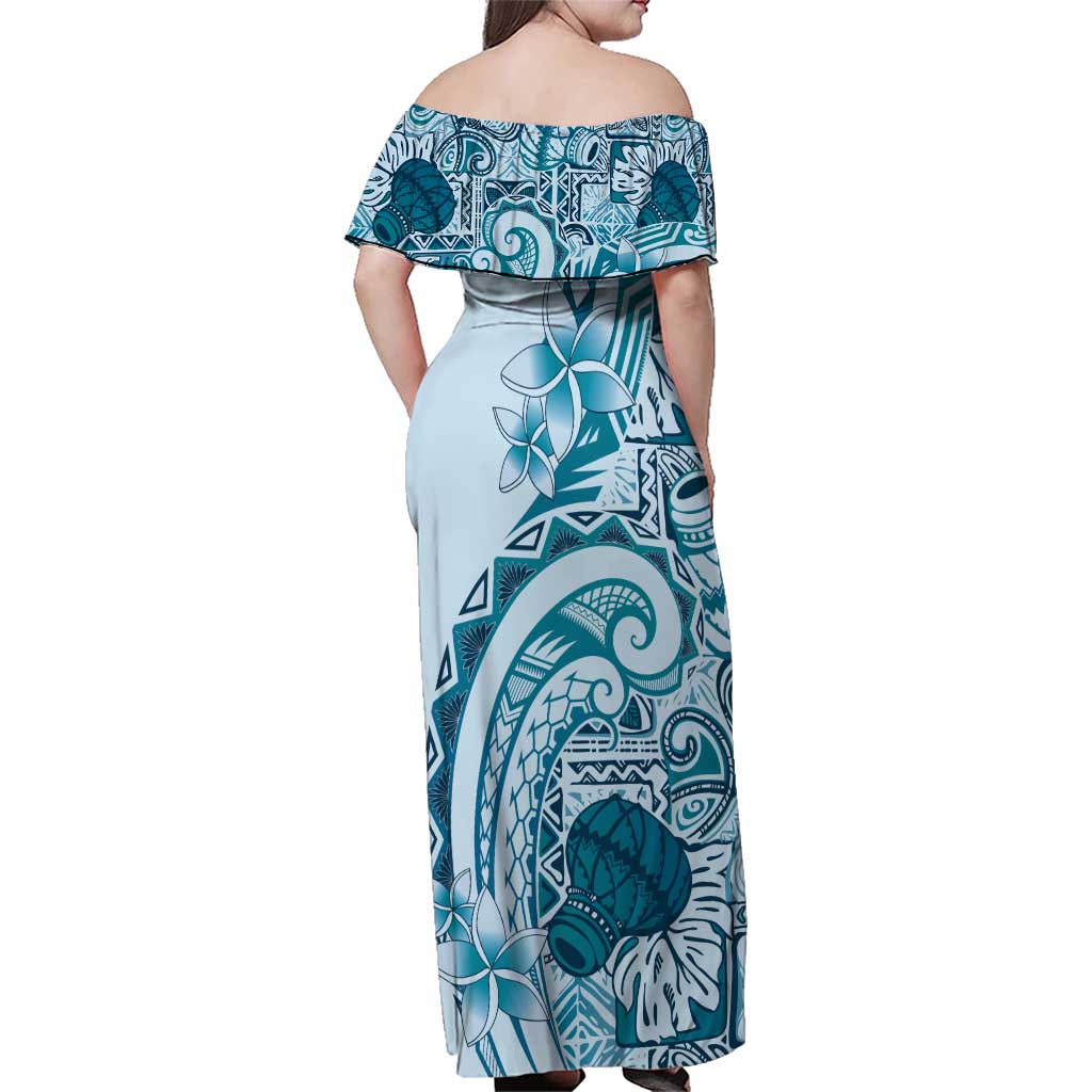 Aloha Hawaii Tapa Family Matching Off Shoulder Maxi Dress and Hawaiian Shirt Cool Turquoise Hawaiian Ipu - Polynesian Pride