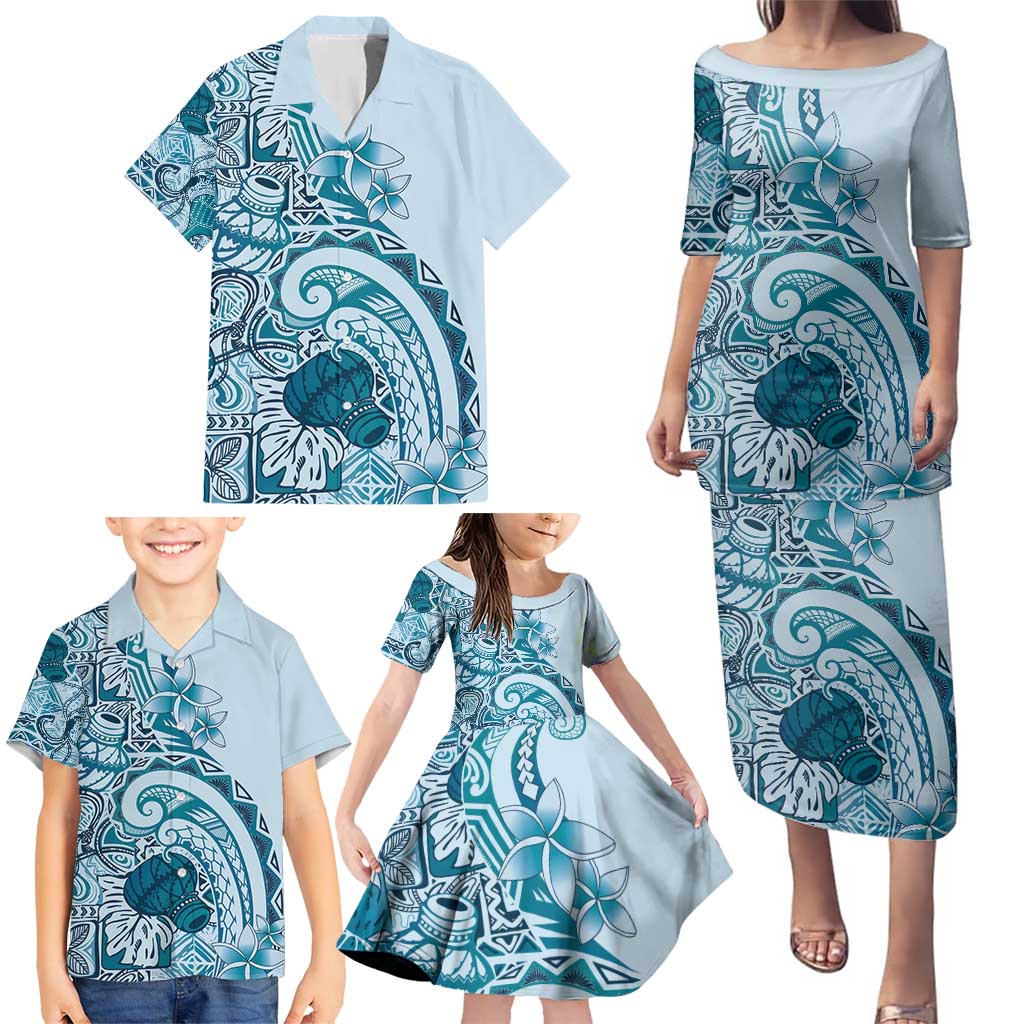 Aloha Hawaii Tapa Family Matching Puletasi and Hawaiian Shirt Cool Turquoise Hawaiian Ipu - Polynesian Pride