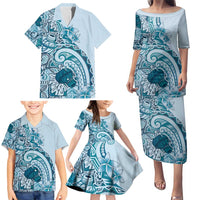 Aloha Hawaii Tapa Family Matching Puletasi and Hawaiian Shirt Cool Turquoise Hawaiian Ipu - Polynesian Pride