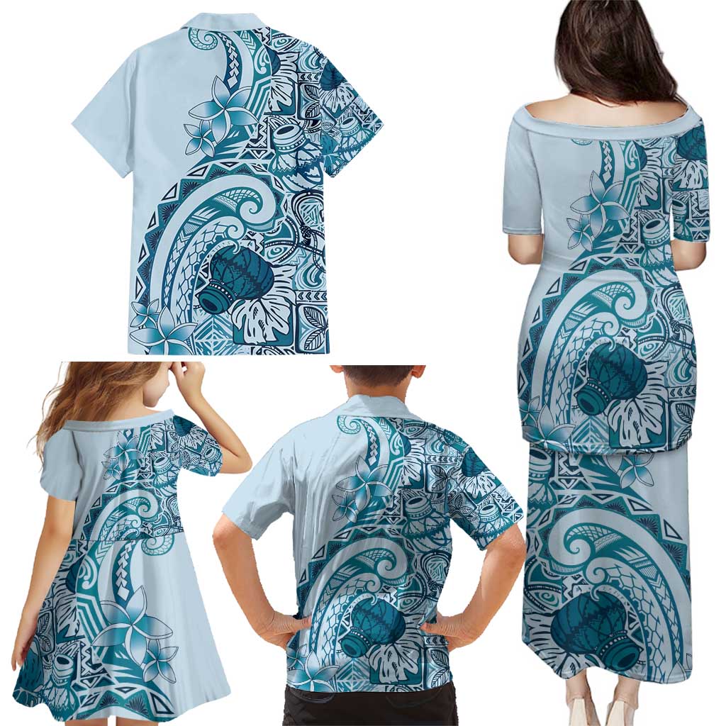 Aloha Hawaii Tapa Family Matching Puletasi and Hawaiian Shirt Cool Turquoise Hawaiian Ipu - Polynesian Pride