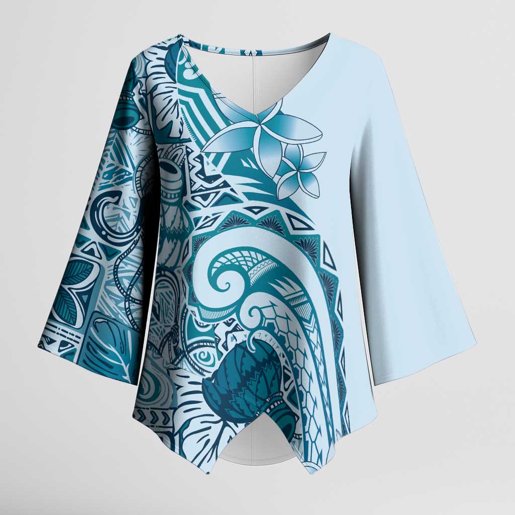 Aloha Hawaii Tapa Kimono Sleeve Blouse Cool Turquoise Hawaiian Ipu - Polynesian Pride