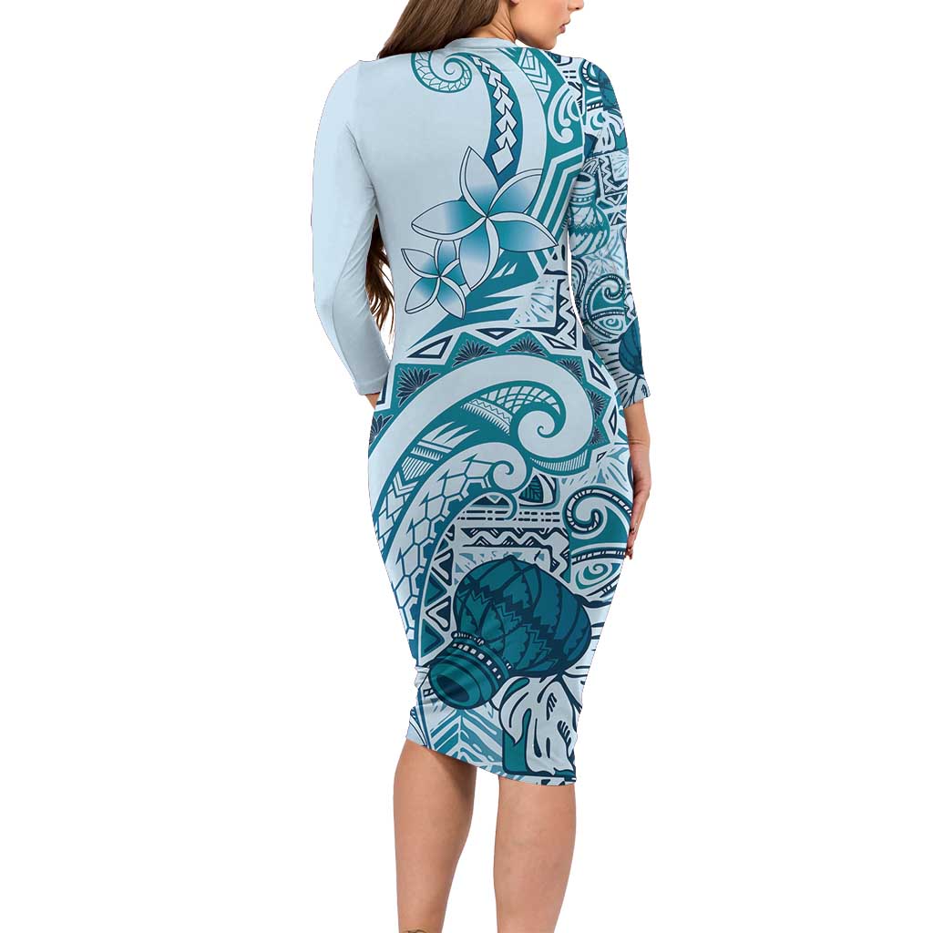 Aloha Hawaii Tapa Long Sleeve Bodycon Dress Cool Turquoise Hawaiian Ipu - Polynesian Pride