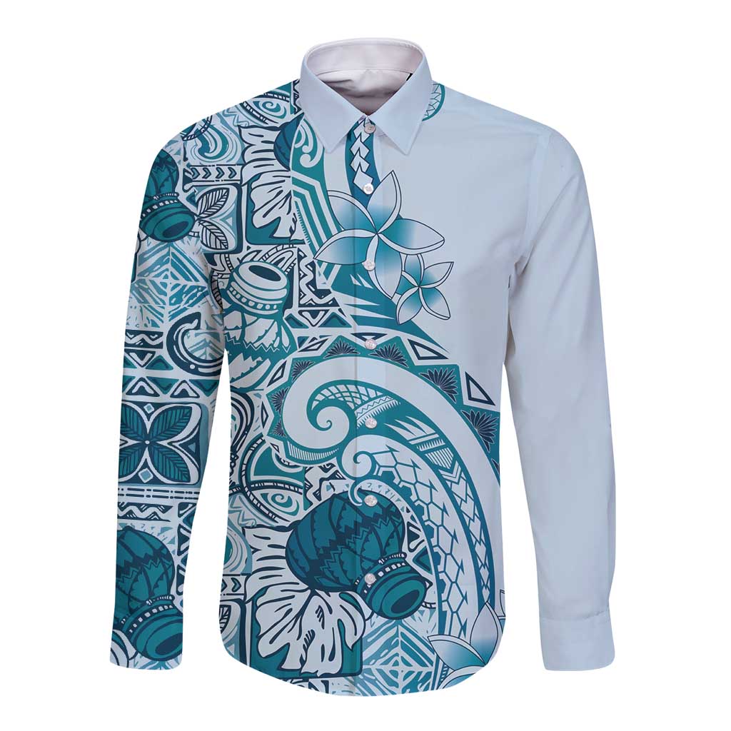 Aloha Hawaii Tapa Long Sleeve Button Shirt Cool Turquoise Hawaiian Ipu - Polynesian Pride