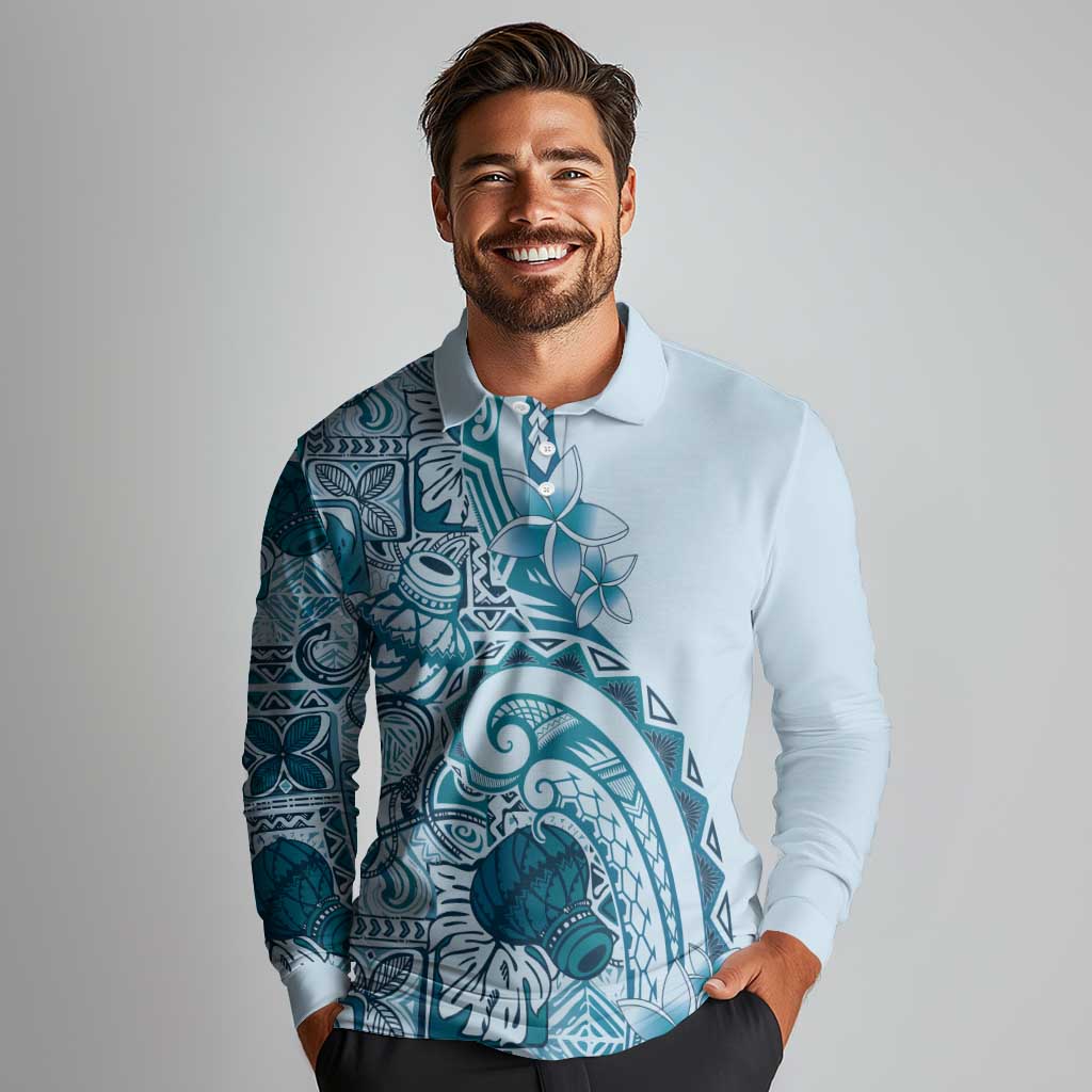 Aloha Hawaii Tapa Long Sleeve Polo Shirt Cool Turquoise Hawaiian Ipu - Polynesian Pride