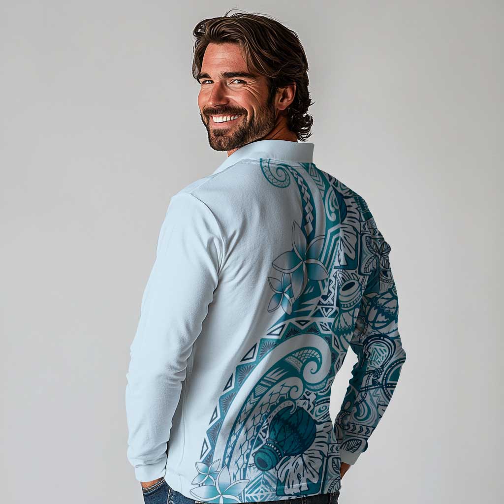 Aloha Hawaii Tapa Long Sleeve Polo Shirt Cool Turquoise Hawaiian Ipu - Polynesian Pride