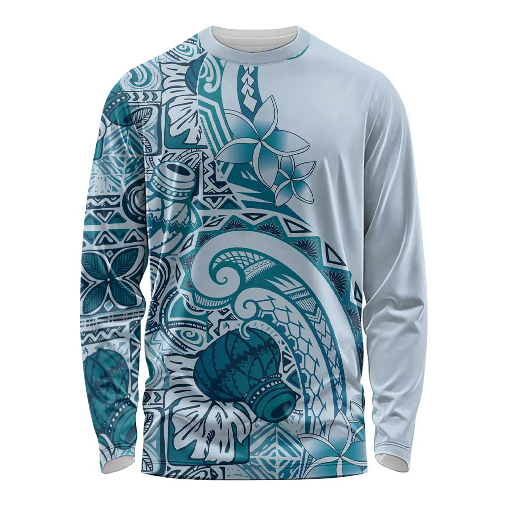 Aloha Hawaii Tapa Long Sleeve Shirt Cool Turquoise Hawaiian Ipu - Polynesian Pride