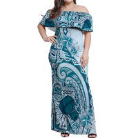 Aloha Hawaii Tapa Off Shoulder Maxi Dress Cool Turquoise Hawaiian Ipu - Polynesian Pride