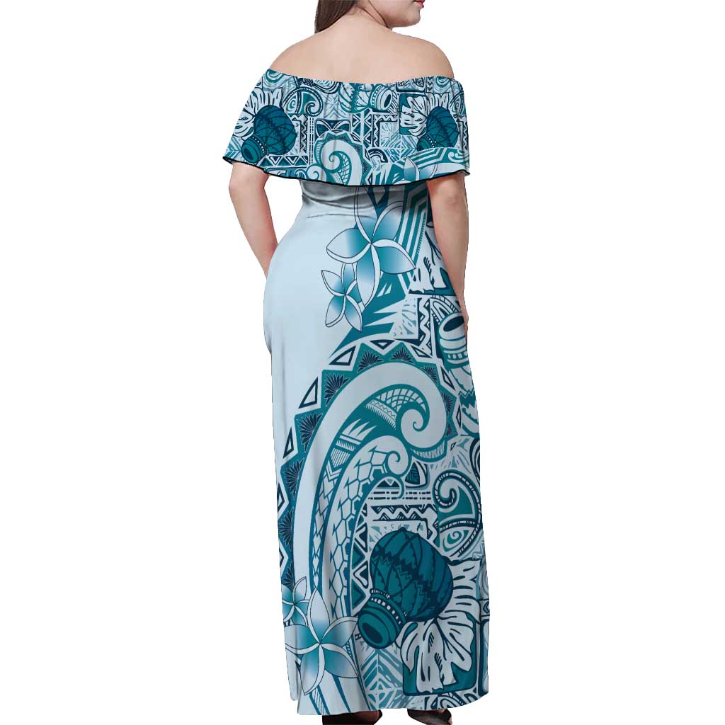 Aloha Hawaii Tapa Off Shoulder Maxi Dress Cool Turquoise Hawaiian Ipu - Polynesian Pride
