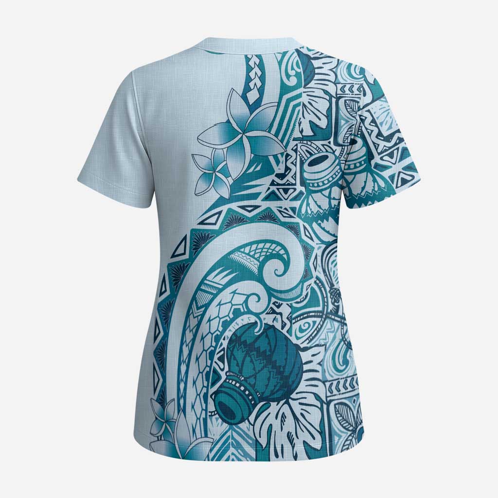 Aloha Hawaii Tapa Scrub Top Cool Turquoise Hawaiian Ipu - Polynesian Pride