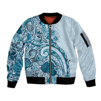 Aloha Hawaii Tapa Sleeve Zip Bomber Jacket Cool Turquoise Hawaiian Ipu - Polynesian Pride