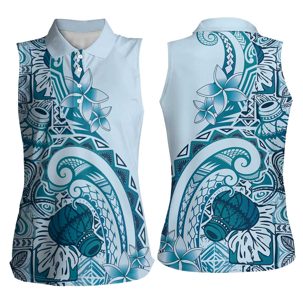 Aloha Hawaii Tapa Women Sleeveless Polo Shirt Cool Turquoise Hawaiian Ipu - Polynesian Pride