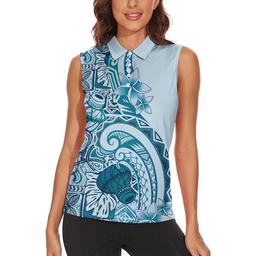 Aloha Hawaii Tapa Women Sleeveless Polo Shirt Cool Turquoise Hawaiian Ipu - Polynesian Pride