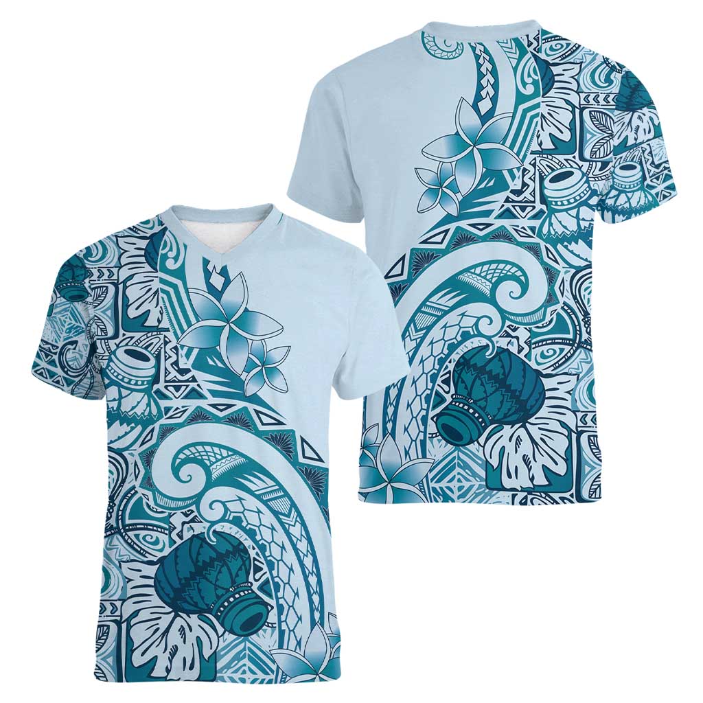 Aloha Hawaii Tapa Women V-Neck T-Shirt Cool Turquoise Hawaiian Ipu - Polynesian Pride