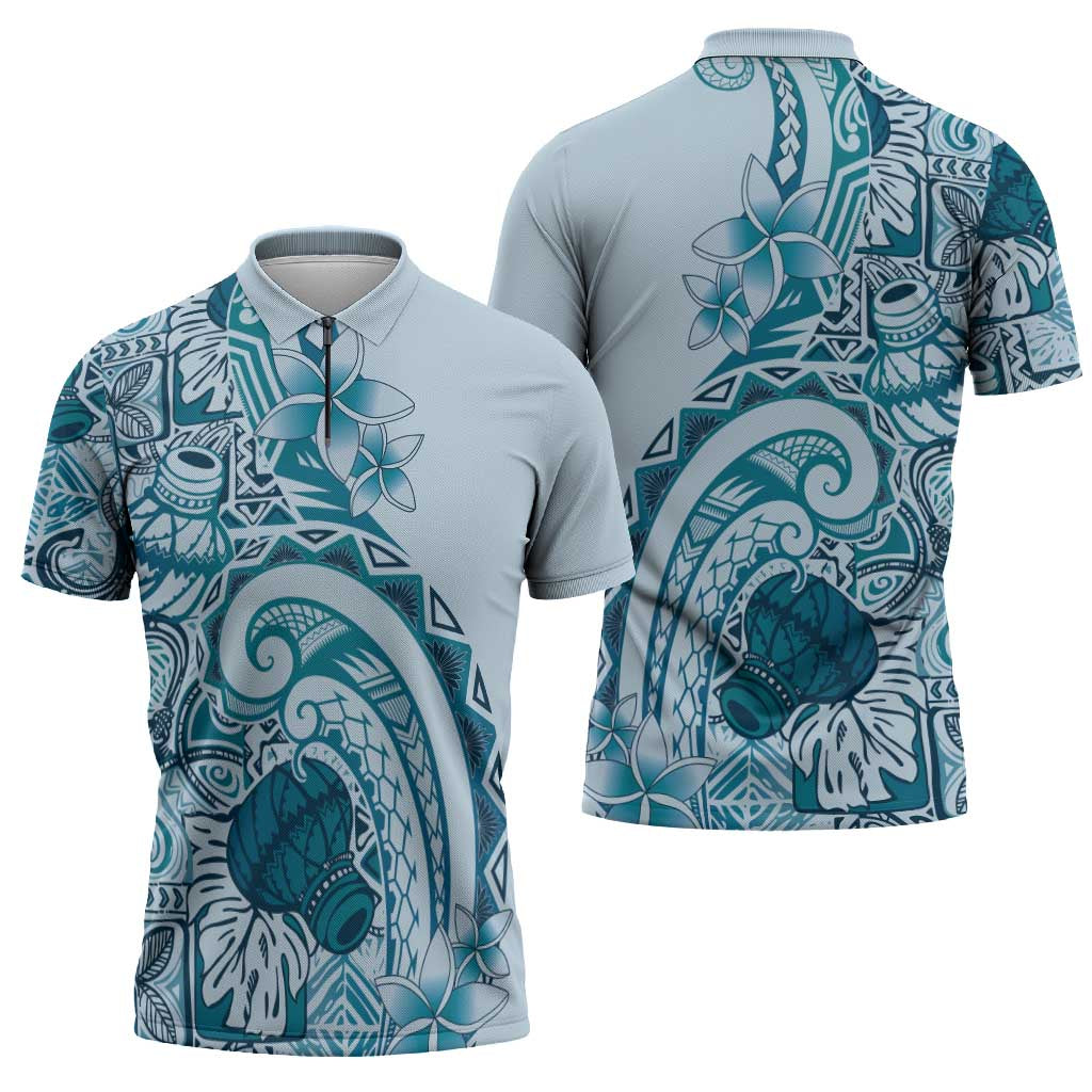 Aloha Hawaii Tapa Zipper Polo Shirt Cool Turquoise Hawaiian Ipu - Polynesian Pride