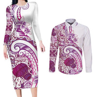 Aloha Hawaii Tapa Couples Matching Long Sleeve Bodycon Dress and Long Sleeve Button Shirt Vibrant Fuchsia Hawaiian Ipu - Polynesian Pride