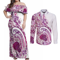 Aloha Hawaii Tapa Couples Matching Off Shoulder Maxi Dress and Long Sleeve Button Shirt Vibrant Fuchsia Hawaiian Ipu - Polynesian Pride