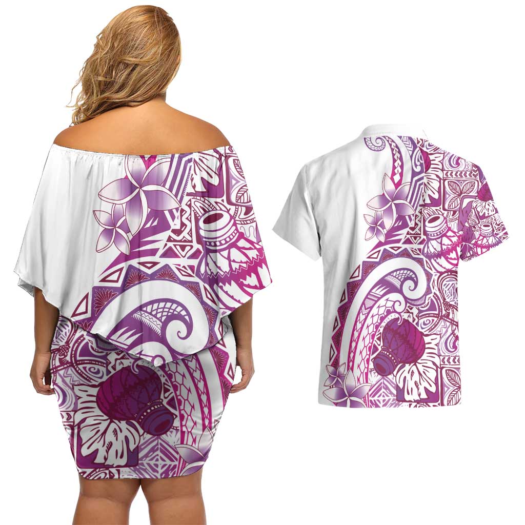Aloha Hawaii Tapa Couples Matching Off Shoulder Short Dress and Hawaiian Shirt Vibrant Fuchsia Hawaiian Ipu - Polynesian Pride