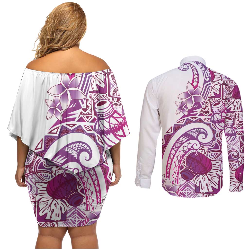 Aloha Hawaii Tapa Couples Matching Off Shoulder Short Dress and Long Sleeve Button Shirt Vibrant Fuchsia Hawaiian Ipu - Polynesian Pride