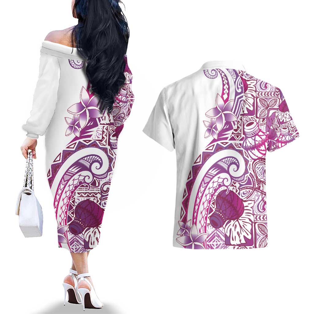 Aloha Hawaii Tapa Couples Matching Off The Shoulder Long Sleeve Dress and Hawaiian Shirt Vibrant Fuchsia Hawaiian Ipu - Polynesian Pride