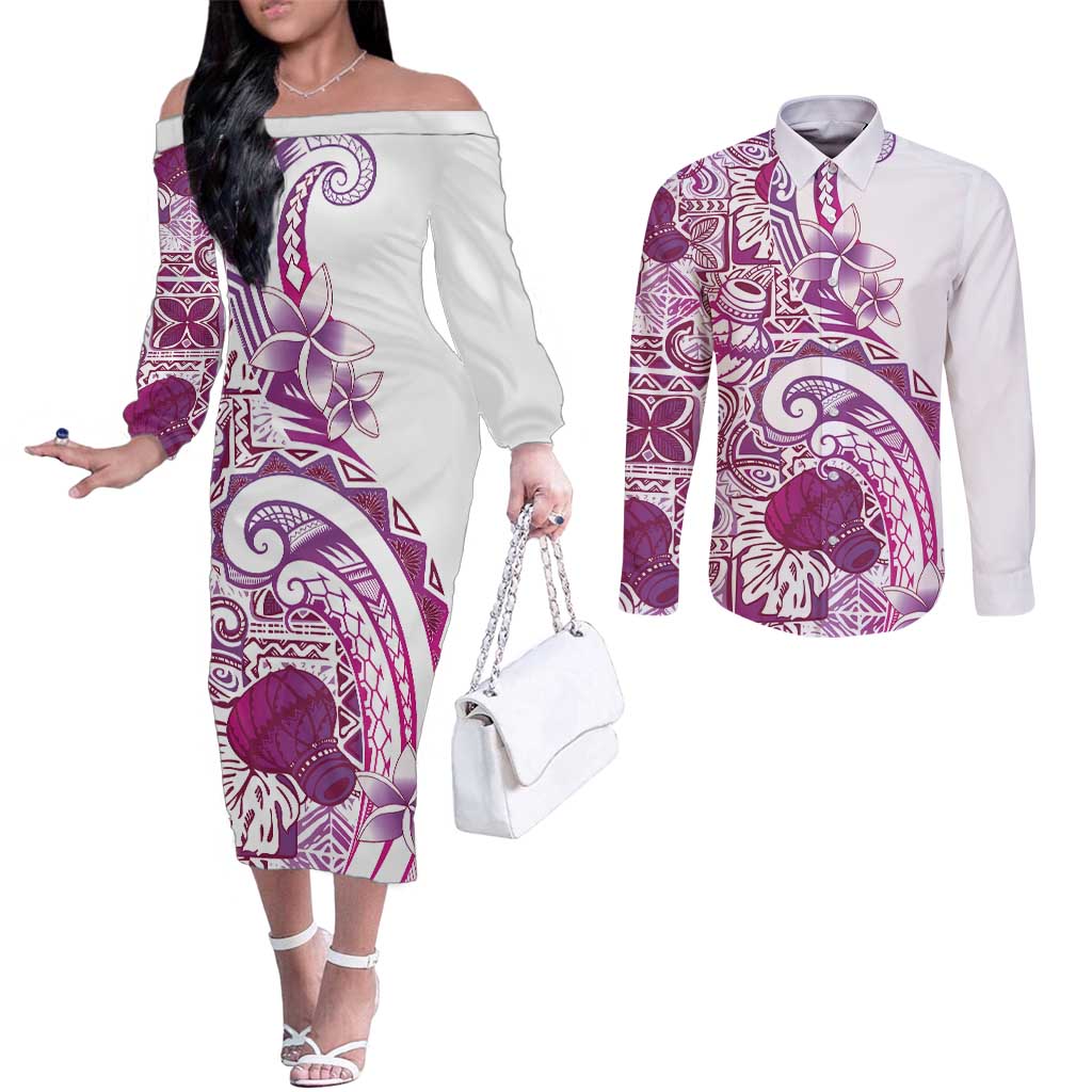 Aloha Hawaii Tapa Couples Matching Off The Shoulder Long Sleeve Dress and Long Sleeve Button Shirt Vibrant Fuchsia Hawaiian Ipu - Polynesian Pride