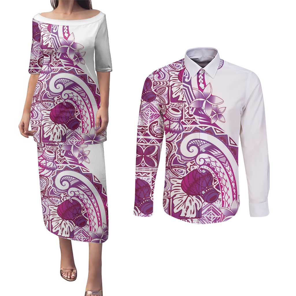 Aloha Hawaii Tapa Couples Matching Puletasi and Long Sleeve Button Shirt Vibrant Fuchsia Hawaiian Ipu - Polynesian Pride