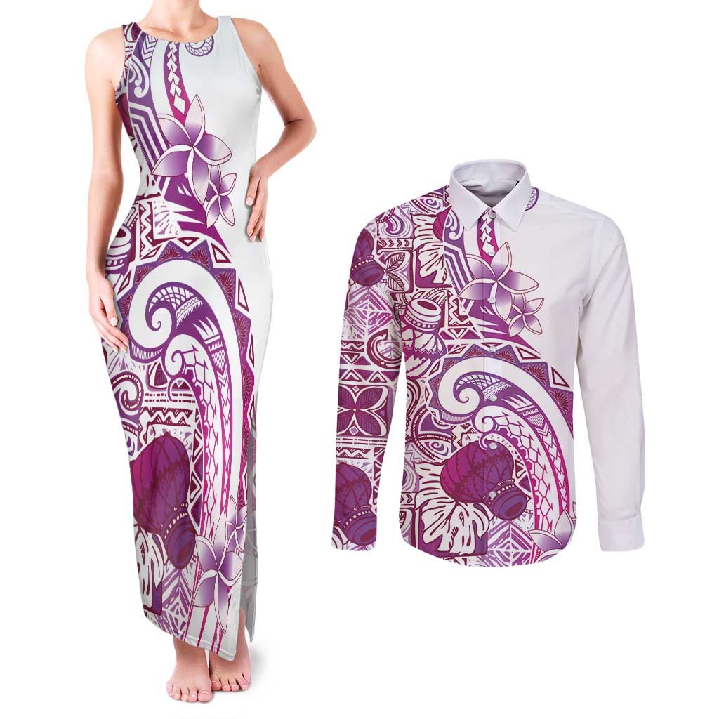 Aloha Hawaii Tapa Couples Matching Tank Maxi Dress and Long Sleeve Button Shirt Vibrant Fuchsia Hawaiian Ipu - Polynesian Pride