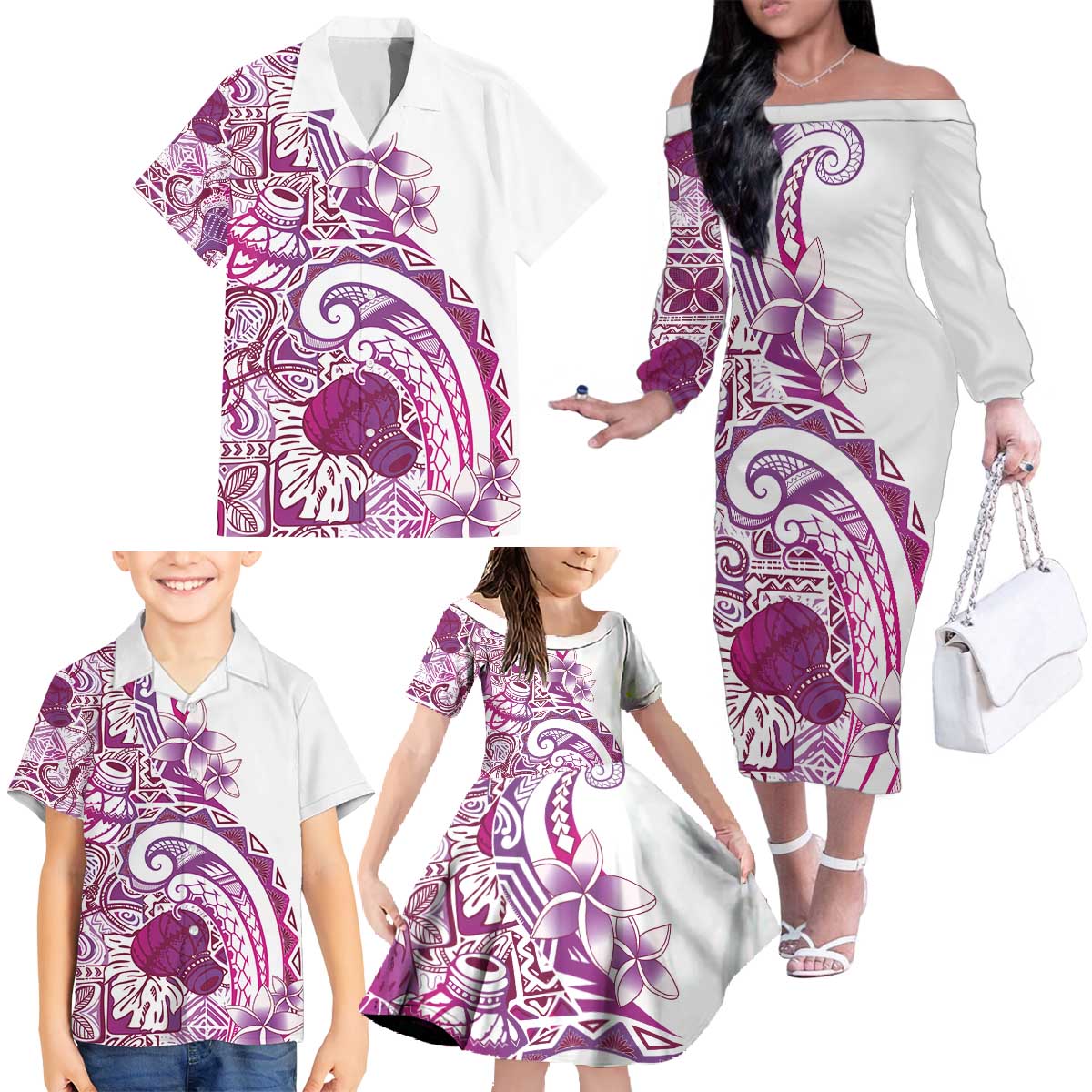 Aloha Hawaii Tapa Family Matching Off The Shoulder Long Sleeve Dress and Hawaiian Shirt Vibrant Fuchsia Hawaiian Ipu - Polynesian Pride