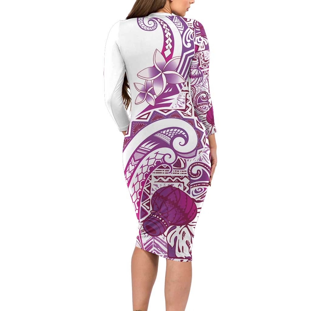 Aloha Hawaii Tapa Long Sleeve Bodycon Dress Vibrant Fuchsia Hawaiian Ipu - Polynesian Pride