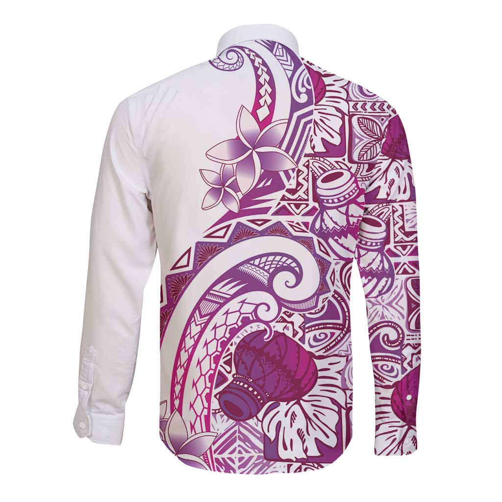 Aloha Hawaii Tapa Long Sleeve Button Shirt Vibrant Fuchsia Hawaiian Ipu - Polynesian Pride