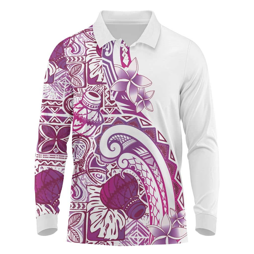 Aloha Hawaii Tapa Long Sleeve Polo Shirt Vibrant Fuchsia Hawaiian Ipu - Polynesian Pride