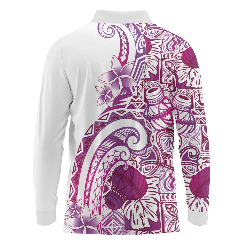 Aloha Hawaii Tapa Long Sleeve Polo Shirt Vibrant Fuchsia Hawaiian Ipu - Polynesian Pride