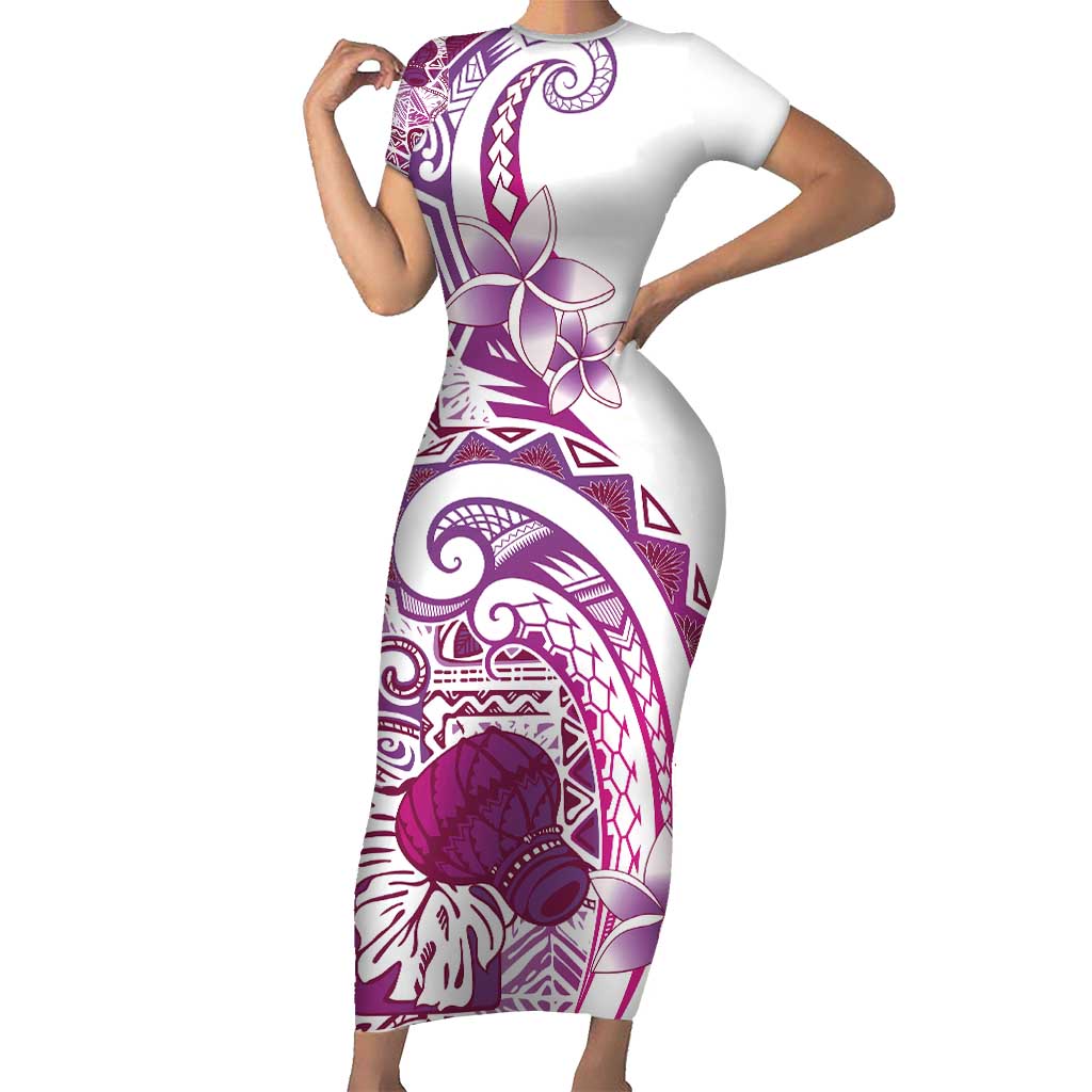 Aloha Hawaii Tapa Short Sleeve Bodycon Dress Vibrant Fuchsia Hawaiian Ipu - Polynesian Pride