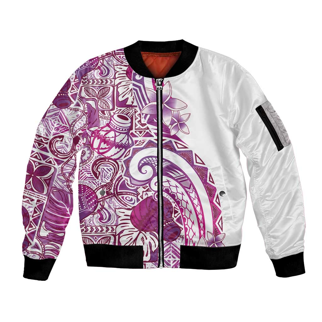 Aloha Hawaii Tapa Sleeve Zip Bomber Jacket Vibrant Fuchsia Hawaiian Ipu - Polynesian Pride