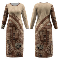 Samoa Mamanu Siapo Mocha Couples Matching Long Sleeve Bodycon Dress and Hawaiian Shirt Tatau Malie