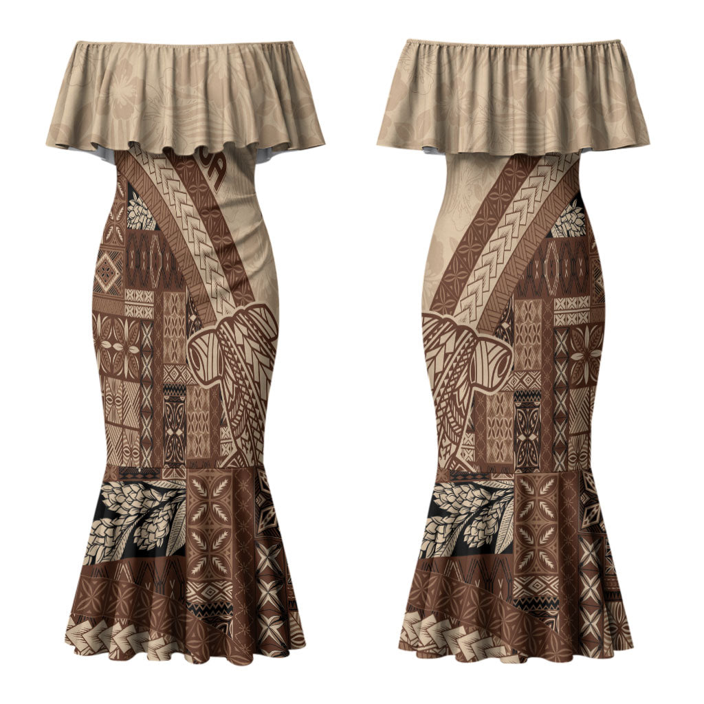 Samoa Mamanu Siapo Mocha Couples Matching Mermaid Dress and Hawaiian Shirt Tatau Malie
