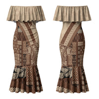 Samoa Mamanu Siapo Mocha Couples Matching Mermaid Dress and Long Sleeve Button Shirt Tatau Malie