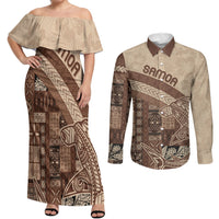 Samoa Mamanu Siapo Mocha Couples Matching Off Shoulder Maxi Dress and Long Sleeve Button Shirt Tatau Malie